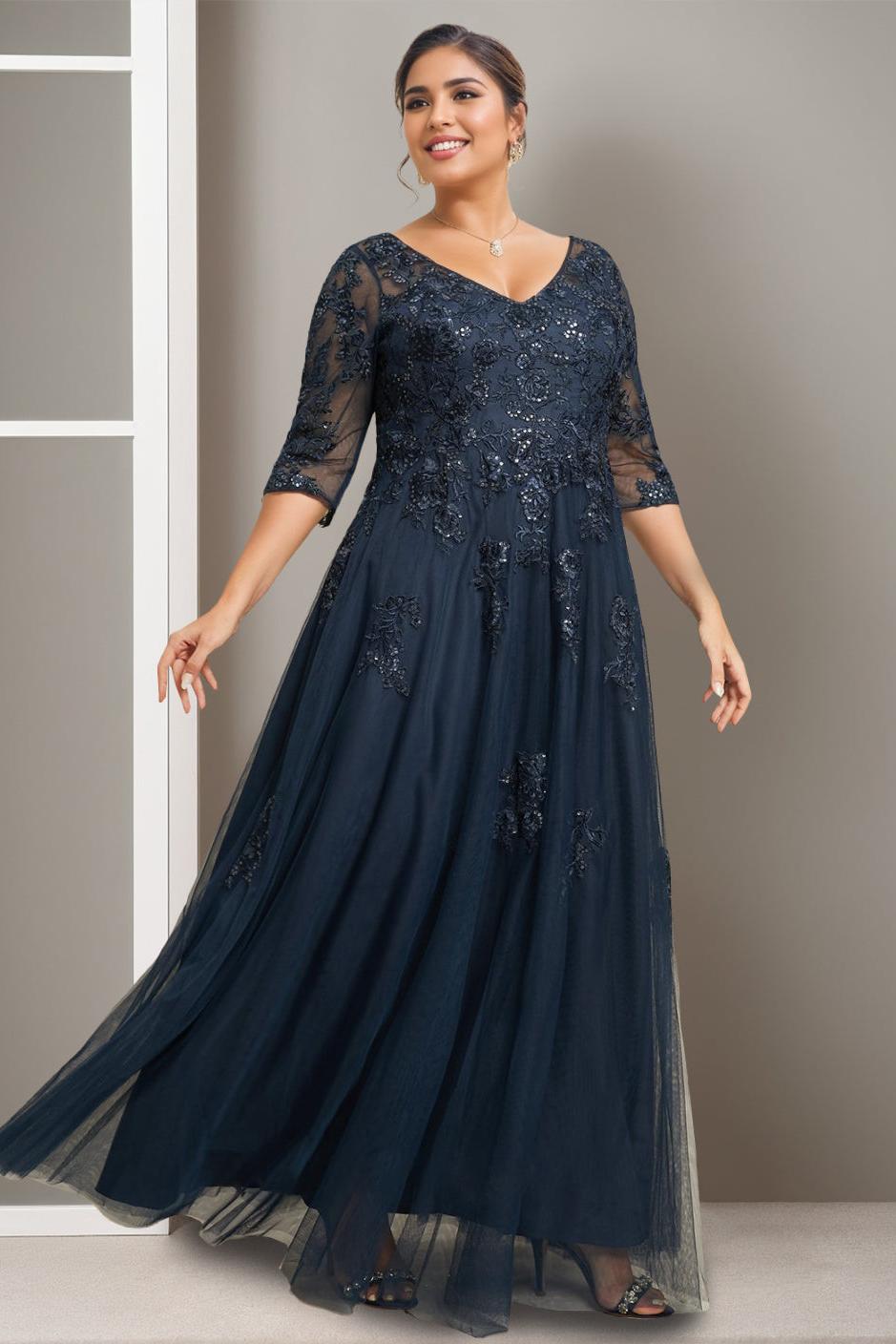 Plus Size Floor-Length A-Line Princess V-Neck Mother of the Bride Dress with Half Sleeves and Sequins