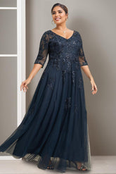 Plus Size Floor-Length A-Line Princess V-Neck Mother of the Bride Dress with Half Sleeves and Sequins