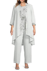 Plus Size Floor-Length Chiffon Pantsuits for the Mother of the Bride with Round Neck and Jacket