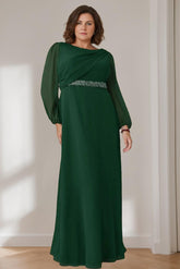 Plus Size Floor-Length Mother of the Bride A-Line Dress with Scoop Neck Long Sleeves Beaded Pleats and Cascading Ruffles