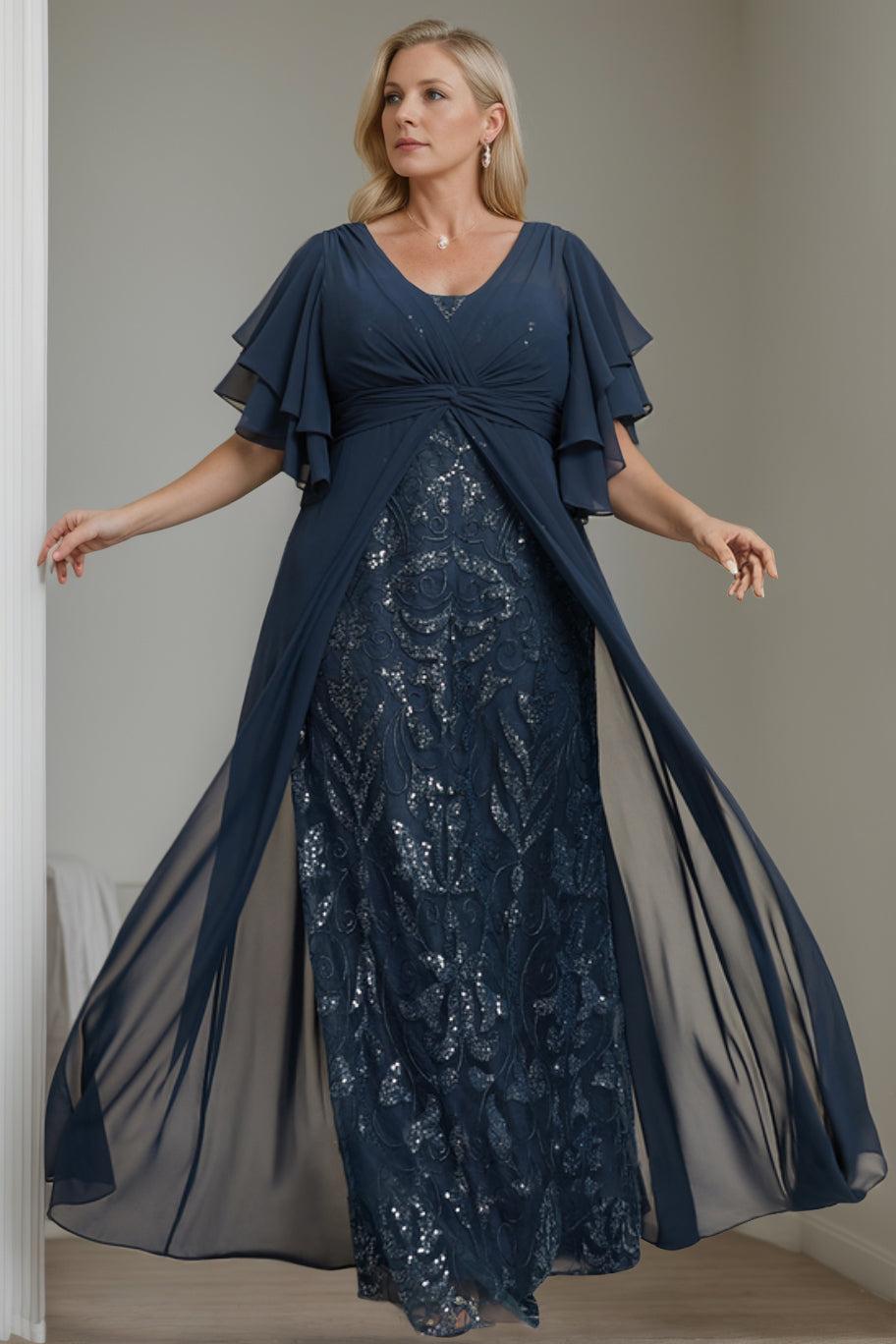 Plus Size Floor-Length Mother of the Bride A-Line Dress with V-Neck and Half Sleeves