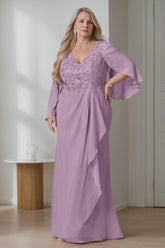 Plus Size Floor-Length V-Neck A-Line Mother of the Bride Dress with Ruffles and Long Sleeves