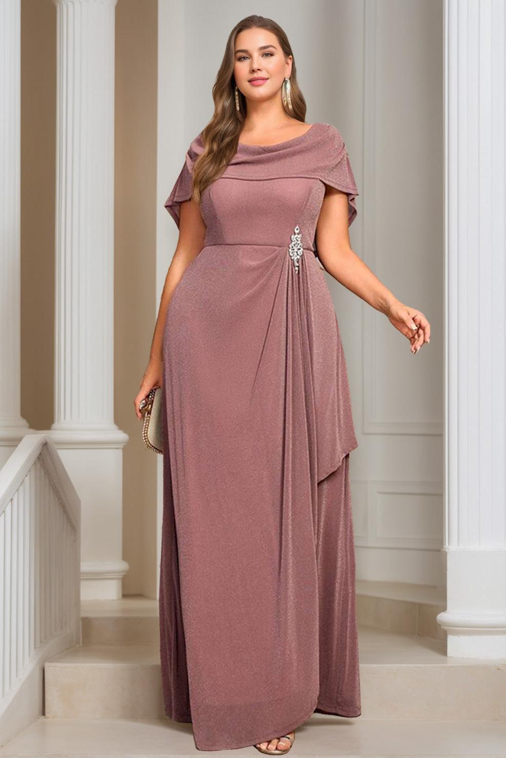 Plus Size Floor-length Mother of the Bride A-Line/Princess Dress with Scoop Neck Short Sleeves Ruffles & Sequins
