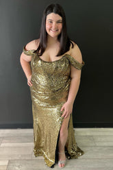 Plus Size Golden Prom Dress Off the Shoulder Mermaid Evening Dress with Slit