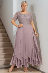 Plus Size Mother of the Bride A-Line Dress with Round Neck Short Sleeves and Cascading Ruffles