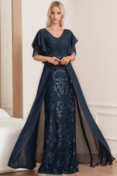 Plus Size Mother of the Bride A-Line Floor-Length Dress with V-Neck and Half Sleeves