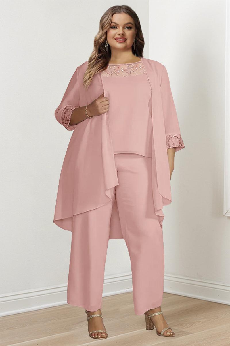 Plus Size Mother of the Bride Chiffon Pantsuit with Long Sleeves and Jacket