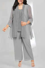 Plus Size Mother of the Bride Scoop Neck Ankle-Length Chiffon Pantsuit with Jacket