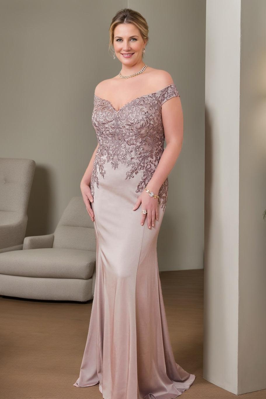 Plus Size Off-the-Shoulder Beaded Trumpet/Mermaid Mother of the Bride Gown Floor-Length