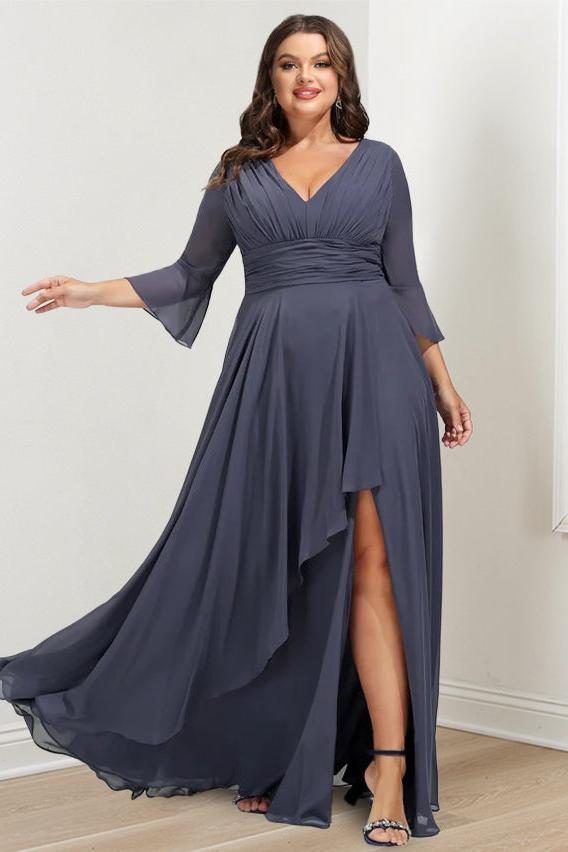 Plus Size V-Neck A-Line Mother of the Bride Dress with 3/4 Sleeves and Asymmetrical Ruffles