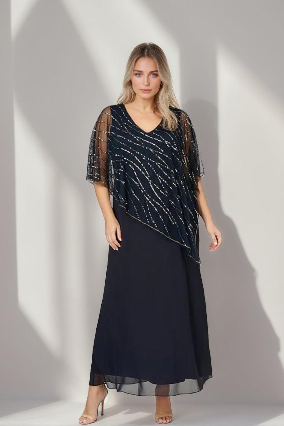 Plus Size V-Neck A-Line Princess Ankle-Length Mother of the Bride Dress with Asymmetrical Cape Popover and Half Sleeves