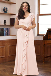 Plus Size V-Neck A-Line Princess Dress with Short Sleeves Ruffles and Appliques for Mothers of the Bride & Groom