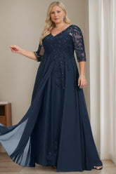 Plus Size V-Neck A-Line Princess Floor-Length Mother of the Bride Dress with Half Sleeves and Sequins