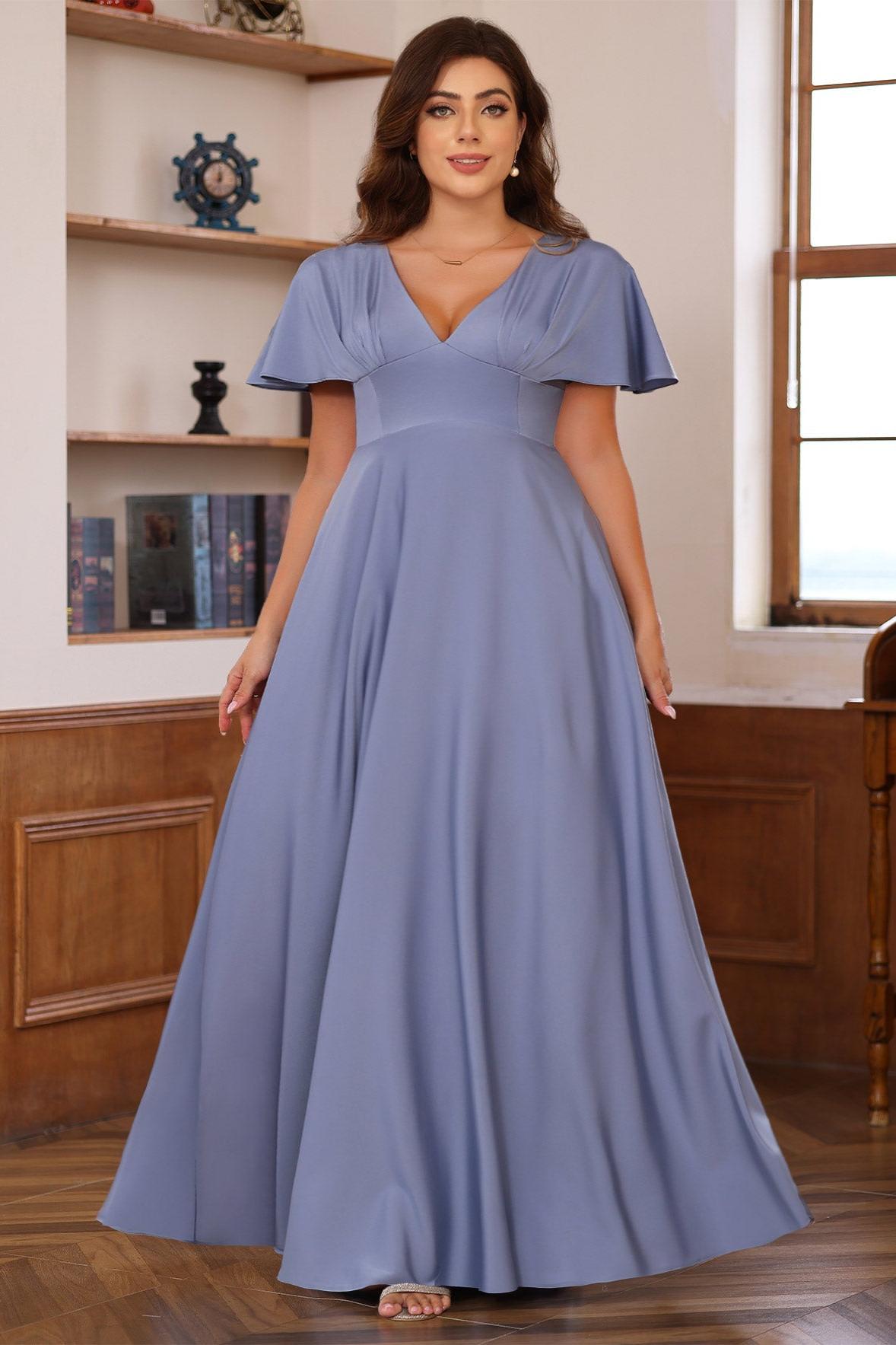 Plus Size V-Neck A-Line Princess Floor-Length Mother of the Bride Dress with Ruffles and Short Sleeves