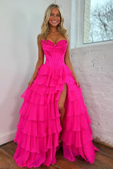Pretty Sweetheart A-Line Satin Top Long Layered Chiffon Prom Dress With Slit Formal Evening Gown