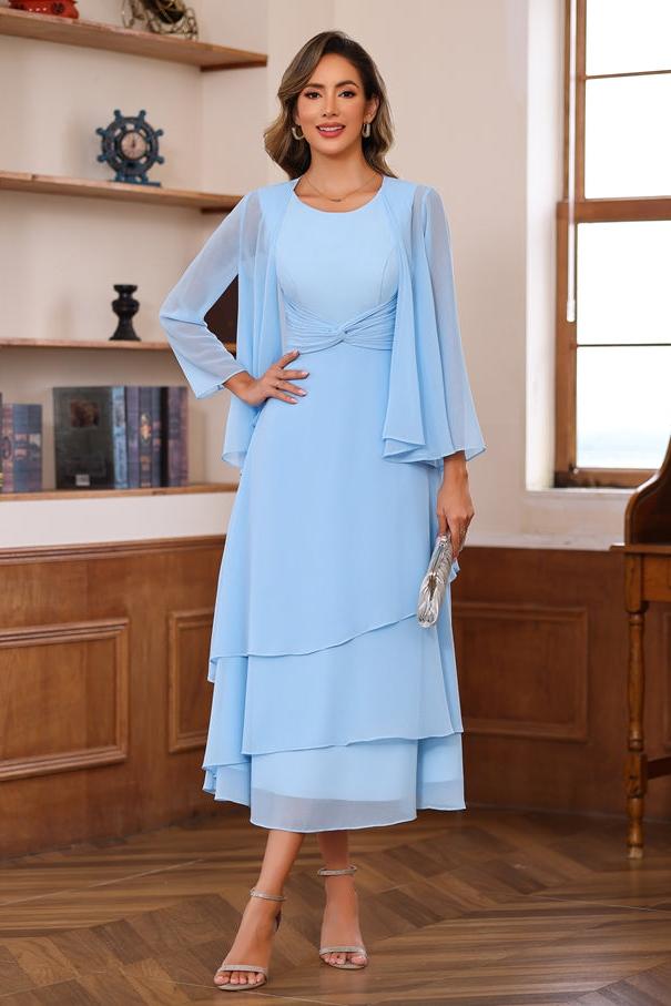 Princess A-Line 2-Piece Tea-Length Mother of the Bride Dress with Scoop Neck Ruffles & Jacket