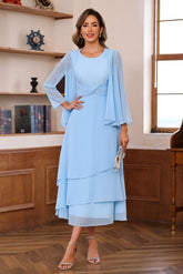Princess A-Line 2-Piece Tea-Length Mother of the Bride Dress with Scoop Neck Ruffles & Jacket