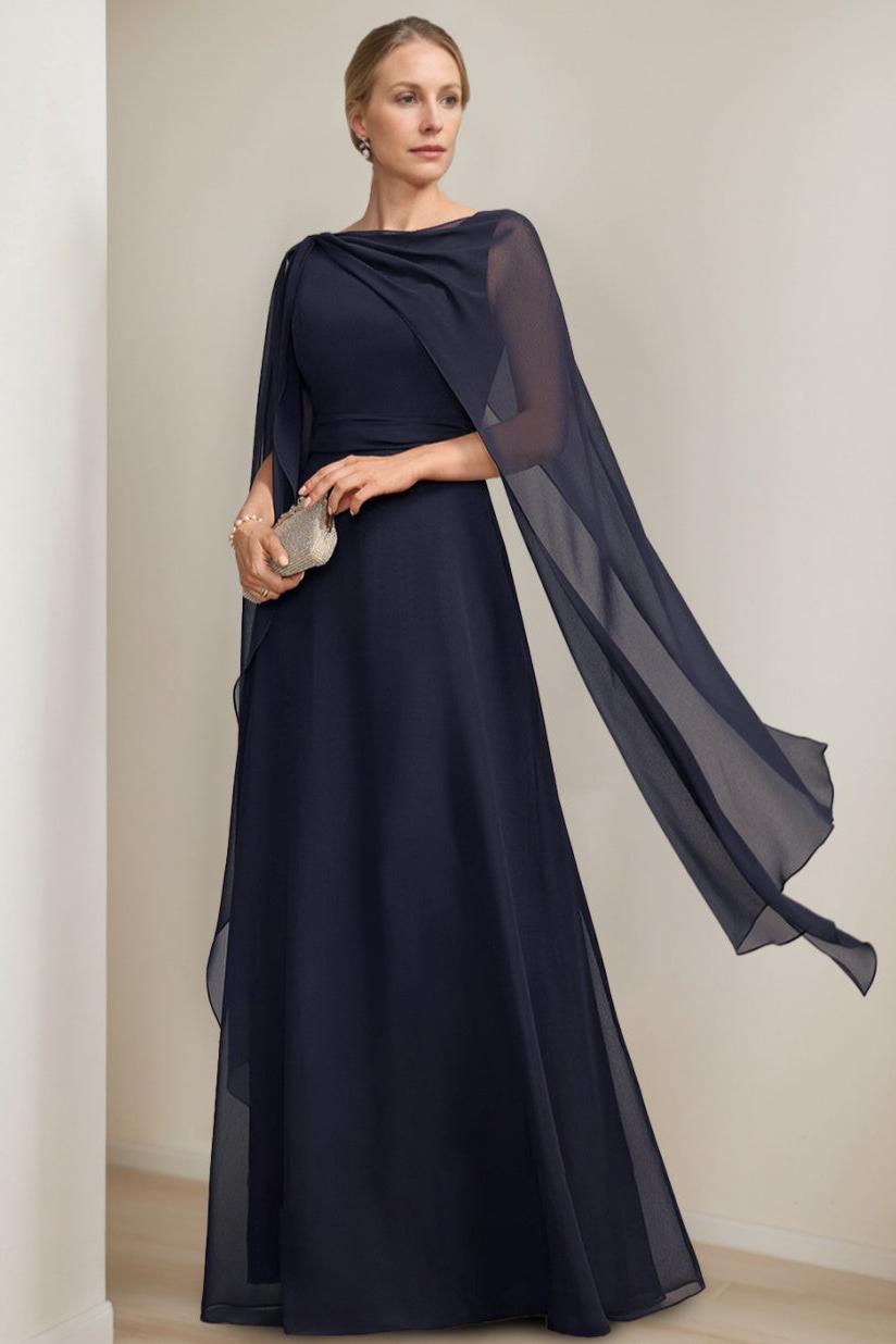 Princess A-Line Floor-Length Mother of the Bride Dress with Cape Sleeves Bow and Ruffles