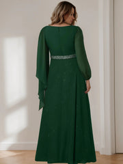 Princess A-Line Floor-Length Plus Size Mother of the Bride Gown with Scoop Neck and Long Sequined Sleeves