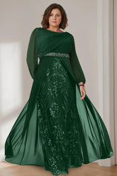 Princess A-Line Floor-Length Plus Size Mother of the Bride Gown with Scoop Neck and Long Sequined Sleeves