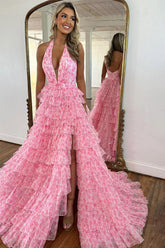 Princess A Line Halter Neck Pink Printed Tulle Long Prom Dress With Ruffles Formal Evening Gown