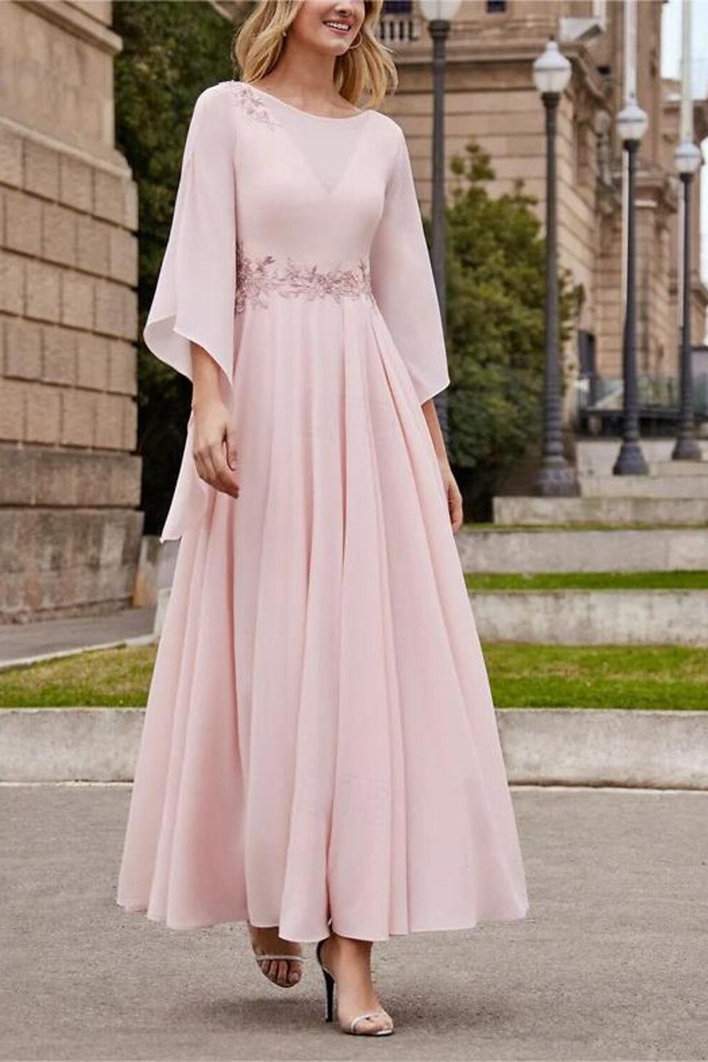 Princess A-Line Jewel Neck 3/4 Sleeve Sequined Ankle-Length Mother of the Bride Gown