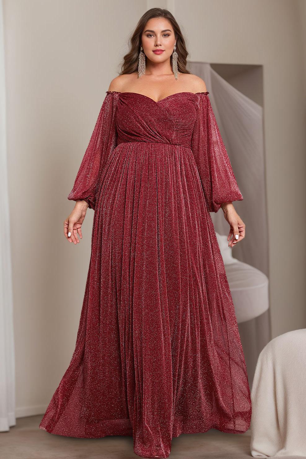 Princess A-Line Off-the-Shoulder Floor-Length Plus Size Mother of the Bride Dress with Long Sleeves and Ruffles