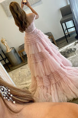 Princess A Line Off the Shoulder Light Pink Prom Dress Long Evening Dress with Ruffles