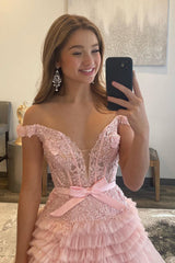 Princess A Line Off the Shoulder Light Pink Prom Dress Long Evening Dress with Ruffles