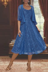 Princess A-Line Tea-Length Mother of the Bride Dress with Scoop Neck Half Sleeves Appliques and Jacket