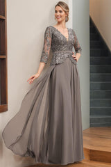 Princess A-Line V-Neck Floor-Length Mother of the Bride Dress with 3/4 Sleeves Appliques & Sequins