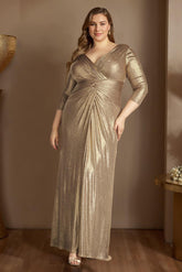 Princess A-Line V-Neck Floor-Length Plus Size Mother of the Bride Dress with 3/4 Sleeves and Ruffles