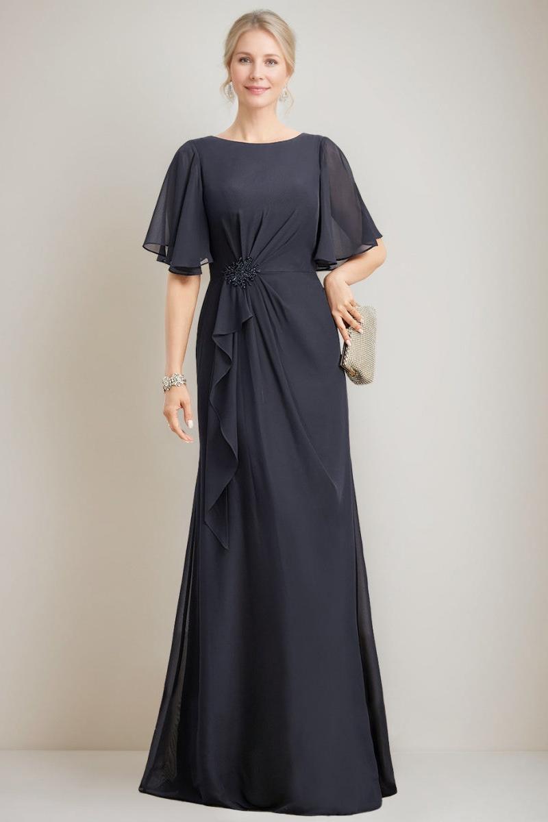 Princess A-line Jewel Neck Floor-Length Mother of the Bride Dress with Ruffles Crystals and Beads