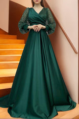 Princess A-line V-neck Floor-length Mother of the Bride Dress with Long Sleeves Sequins and Ruffles