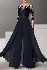 Princess Jewel Neck A-Line Floor-Length Mother of the Bride Pantsuit with Applique and 3/4 Sleeves