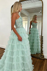 Princess Mint Green Tiered Tulle Prom Dress With Floral Embroidered Corset Formal Evening Gown