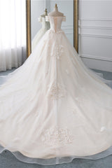 Princess Off the Shoulder Tulle Wedding Dress with Lace Appliques