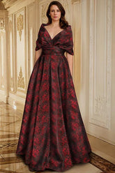 Printed Floral V-Neck A-Line Floor-Length Dress for Mother of the Bride & Groom