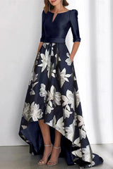 Printed Flower Asymmetrical A-Line Boat Neck Dresses for the Mother of the Bride & Groom