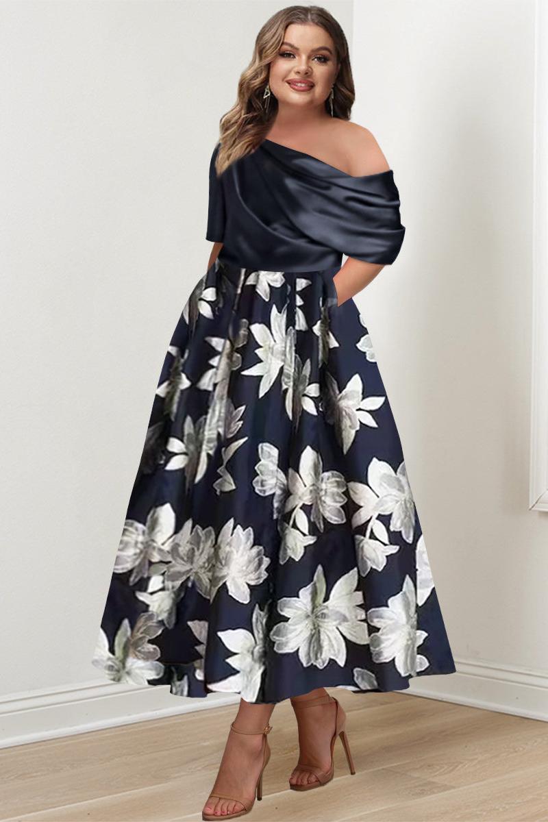 Printed Flower Plus Size Mother of the Bride A-Line Princess One-Shoulder Dress