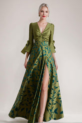 Printed Leaves Mother of the Bride A-Line Dress with 3/4 Sleeves Side Split Belt and Ruffles