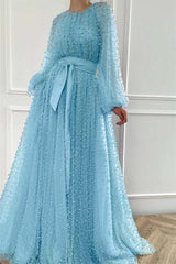 Purple A Line Prom Dress Long Sleeve Beaded Evening Dress