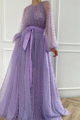 Purple A Line Prom Dress Long Sleeve Beaded Evening Dress