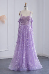 Purple A Line Prom Dress Long Sleeve Spaghetti Straps Sequined Evening Dress