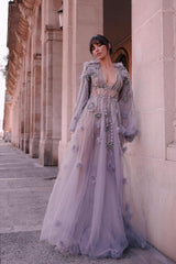 Purple A Line Prom Dress Long Sleeve V Neck Evening Dress With 3D Flowers
