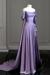 Purple A Line Prom Dress Off the Shoulder Satin Evening Dress