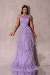 Purple A Line Prom Dress Sleeveless One Shoulder Evening Dress