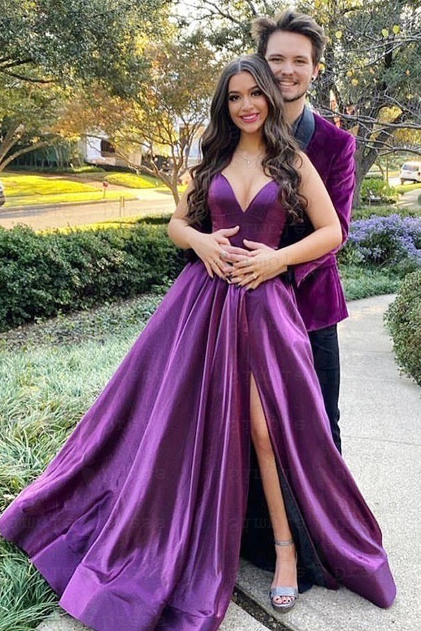 Purple A Line Prom Dress Sleeveless Spaghetti Straps Satin Evening Dress