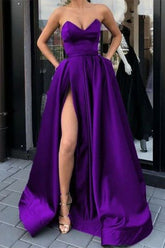Purple A Line Prom Dress Sweetheart Sleeveless Satin Evening Dress