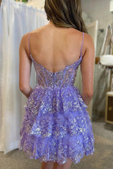 Purple A-Line Spaghetti Straps Sequined Short Graduation Dress